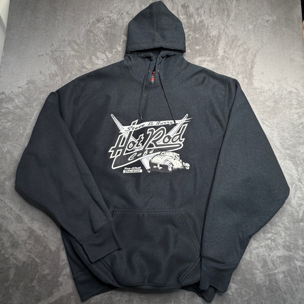 Vtg Steve & Barry's Hot Rod Cafe Hoodie Mens XL Graphic Technical Fleece Y2K